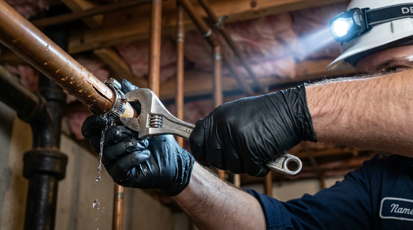 Emergency pipe clamp repair being performed by a Johns Plumbing LLC plumber in Keeseville
